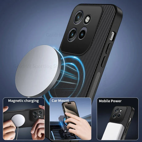 Black carbon fiber magnetic case for motorola pro ultra g67 with integrated charging pad car mount and power bank back view