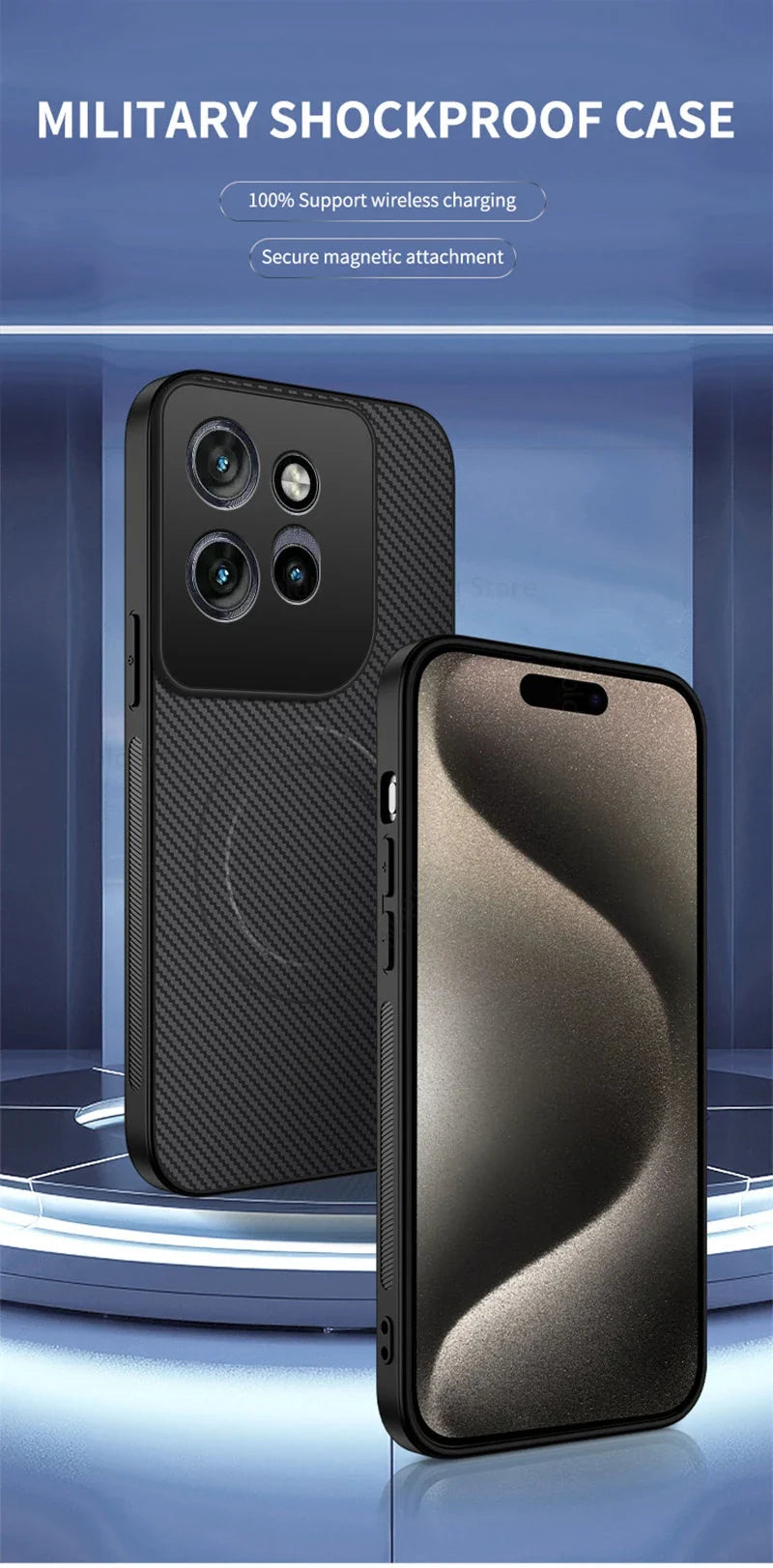 Black carbon fiber magnetic shockproof phone case with wireless charging for motorola pro ultra g67 back side