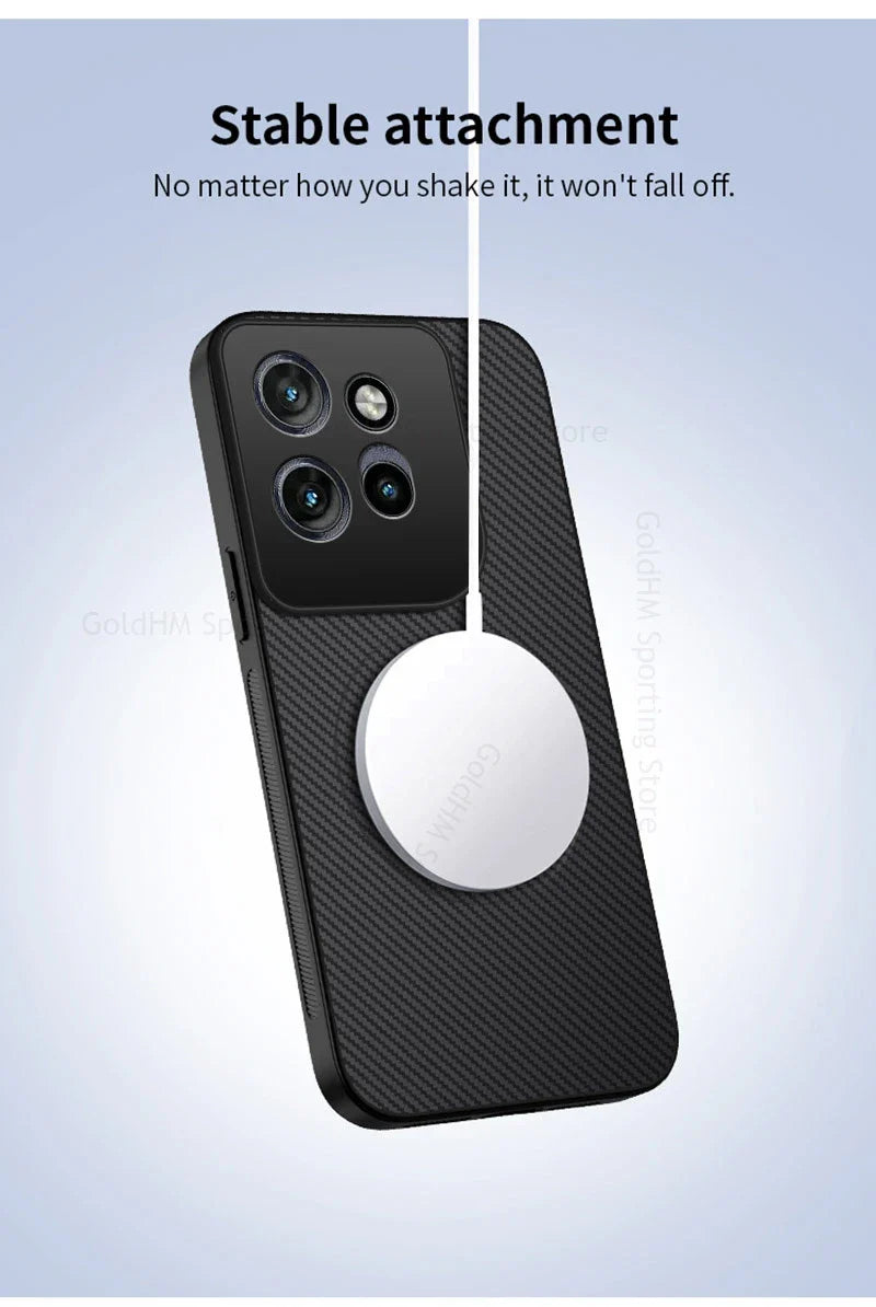 Black carbon fiber magnetic case for motorola edge pro ultra g67 with white circular magnetic attachment on back side