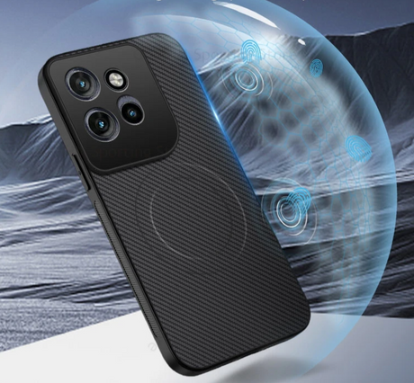 Black carbon fiber magnetic phone case with rectangular camera cutout for pro ultra g67 and motorola edge series back side