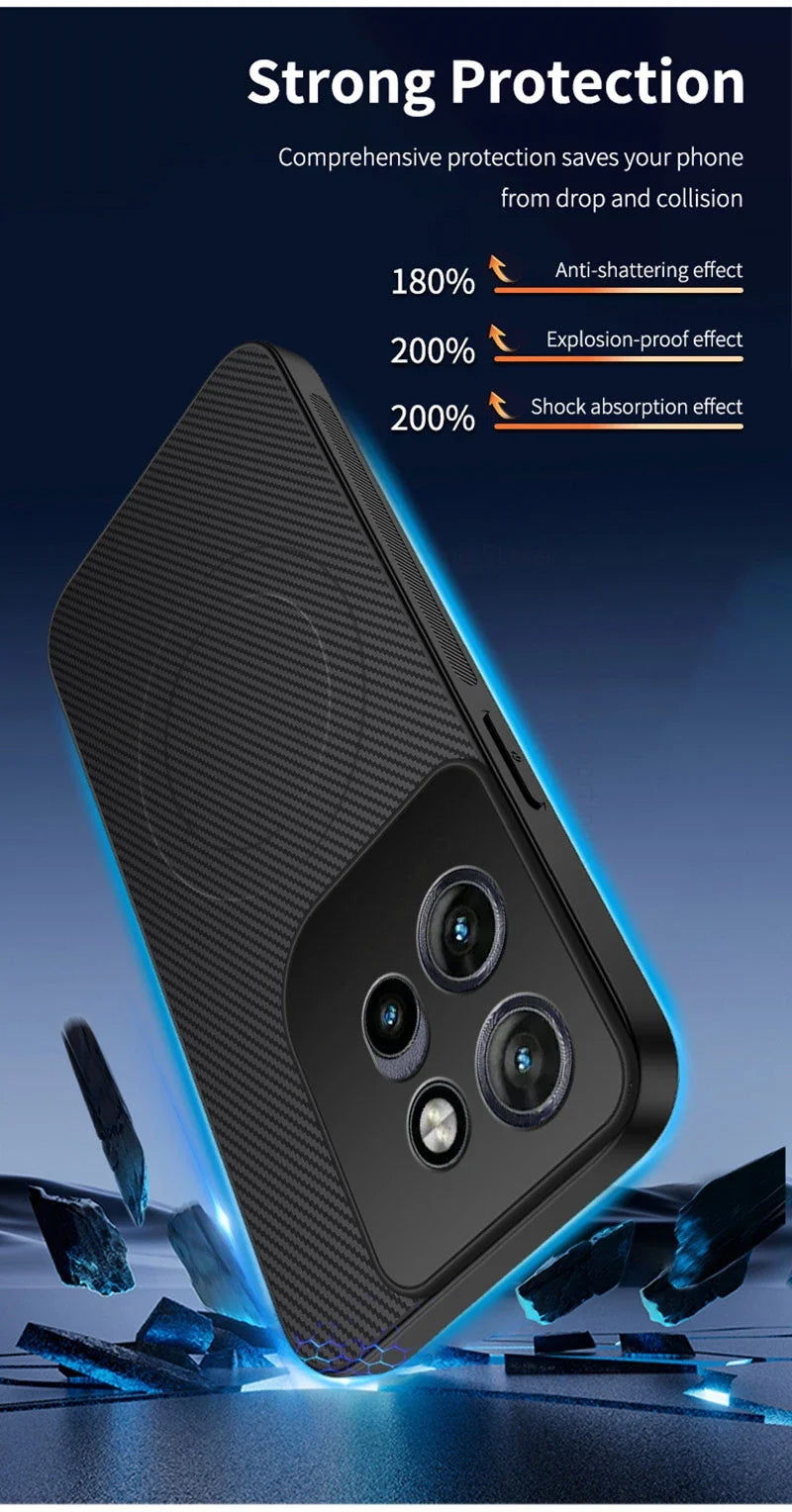 Black carbon fiber magnetic case for motorola edge pro ultra g67 with camera cutout and magnetic charging pad back view