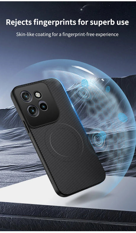 Black carbon fiber magnetic case for motorola pro ultra g67 with fingerprint resistant skin like coating visible on back side