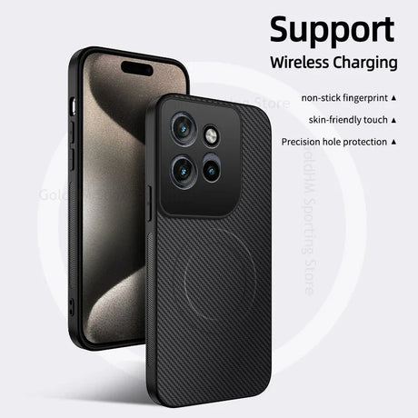 Black carbon fiber magnetic case for motorola edge pro ultra g67 with built-in wireless charging coil shown from back side