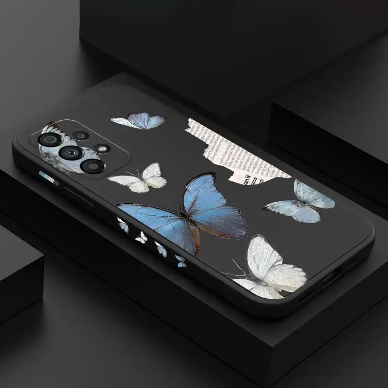 a black case with blue butterflies on it