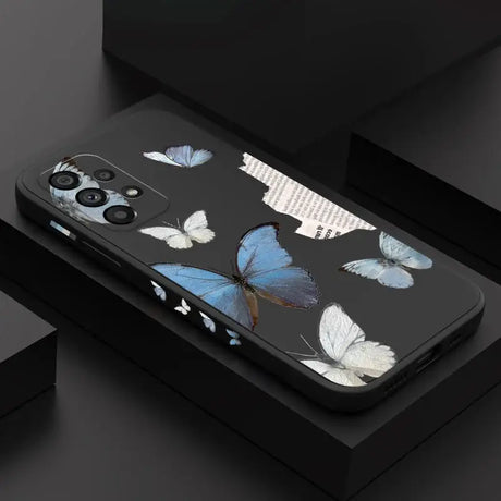 A black case with blue butterflies on it