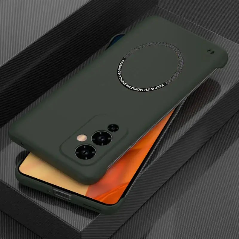 the back of a black case with a circular hole in the middle