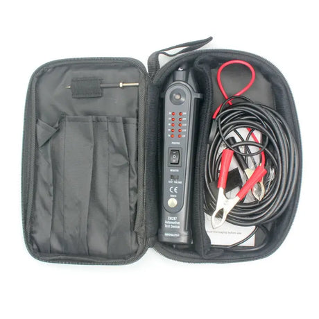 a black case holds a digital multimeter and a red cable