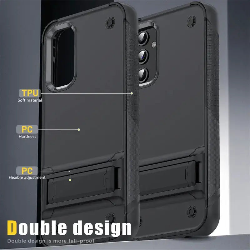 the back of a black case with a phone attached to it
