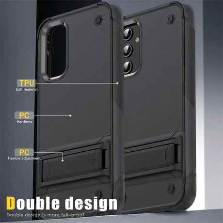 The back of a black case with a phone attached to it