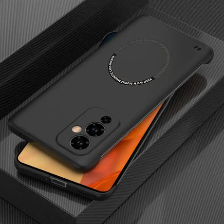 the back of a black case with a phone in it