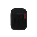the case is made from black fabric with a red button