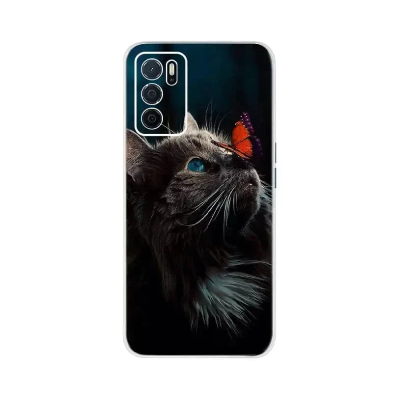 a black cat with a butterfly on its head phone case