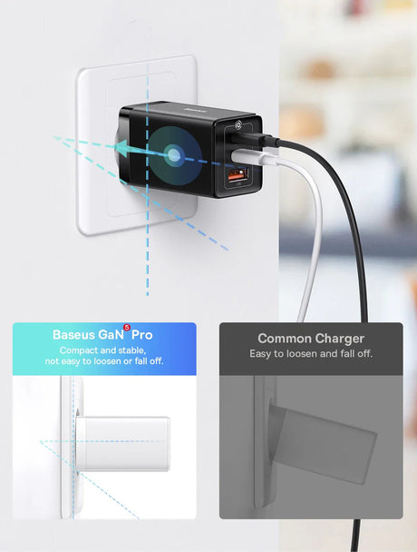 Black compact wall charger with multiple USB ports plugged into an electrical outlet.