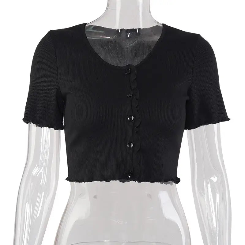 a black cropped top with a button down the front