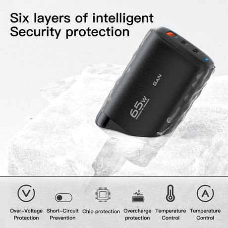 Black cylindrical electronic device with ’65W GaN’ printed on its side, featuring multiple protection systems.