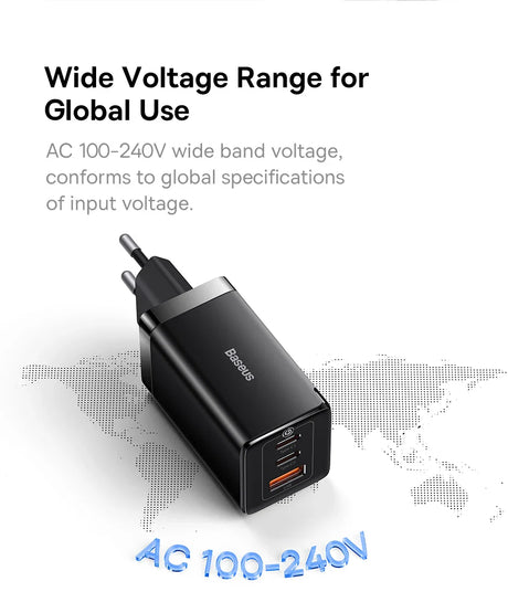 Black dual-port USB charger adapter with wide voltage range capability.