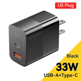 Black dual-port USB wall charger with US plug, featuring USB-A and USB-C ports, rated at 33W.