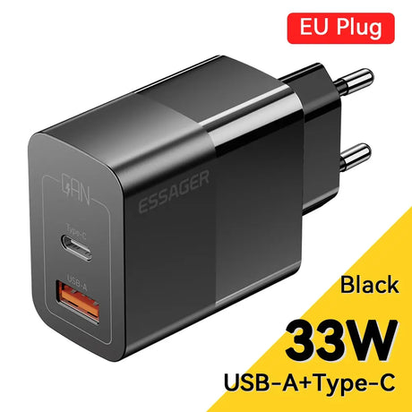 Black dual-port USB wall charger with EU plug, featuring USB-A and USB-C ports and 33W power output.