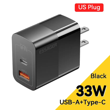 Black dual-port USB wall charger with US plug, featuring USB-A and USB-C ports, rated at 33W.