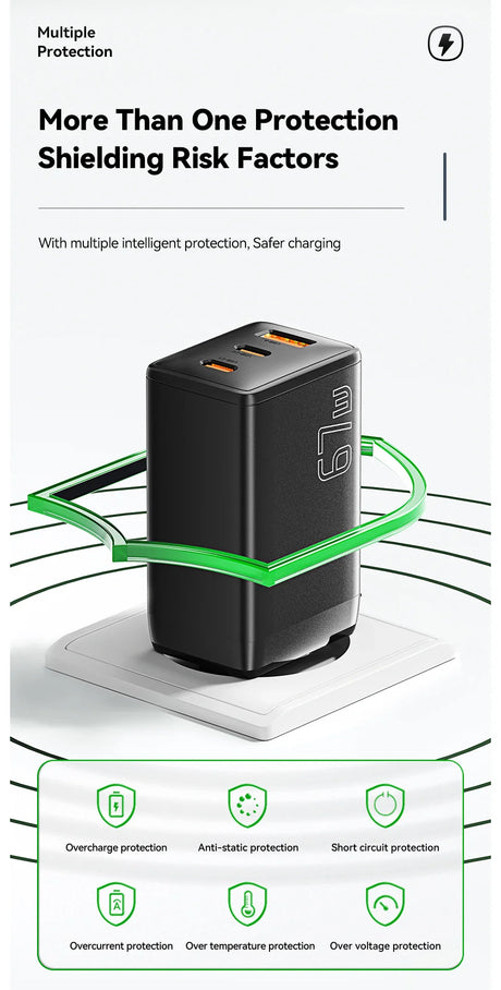 Black dual-port USB wall charger with multiple protection features highlighted by green graphics.