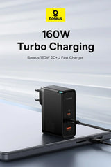 Black dual-port wall charger with 160W turbo charging capability.