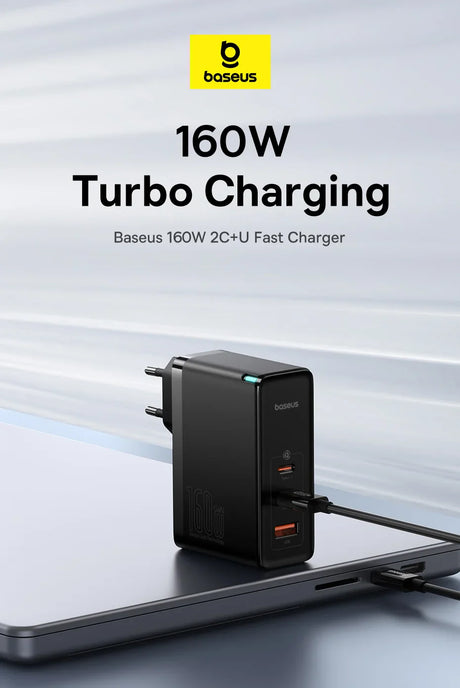 Black dual-port wall charger with 160W turbo charging capability.