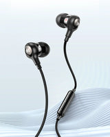 Black in-ear headphones with inline controls.