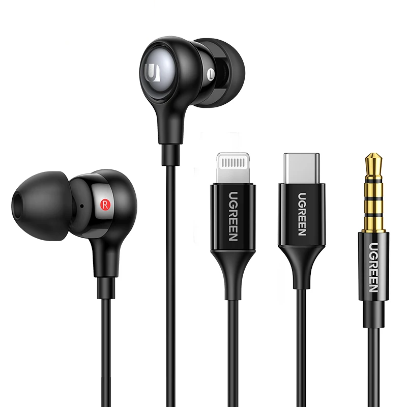 Black in-ear headphones with multiple connector types.
