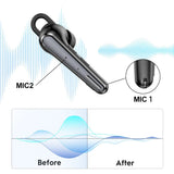 A black ear-hook Bluetooth earphone with dual microphones for noise cancellation.