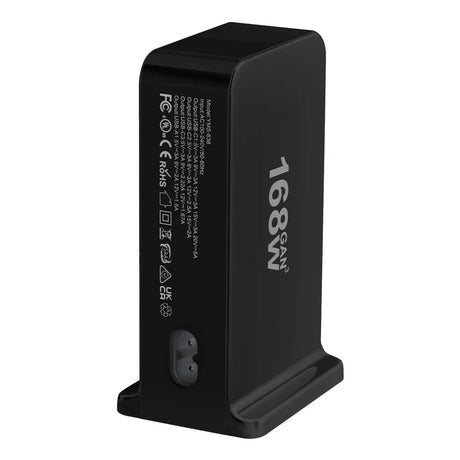 Black electronic device with ’168N’ printed on its side, likely a network adapter or modem.
