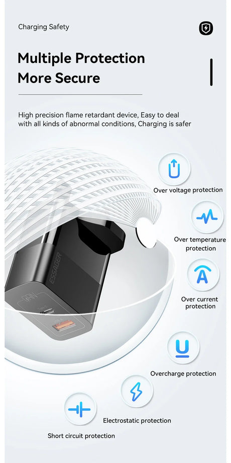 Black electronic charging device with multiple safety features illustrated around it.