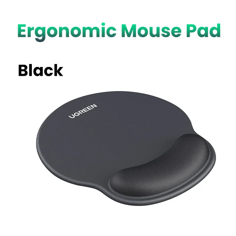 Black ergonomic mouse pad with a wrist rest.