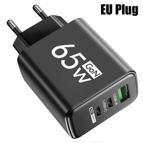 Black EU plug adapter with USB-A and USB-C ports, labeled ’65W GaN’.