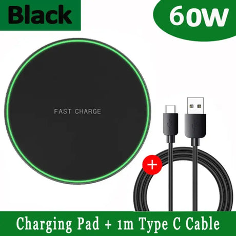 Black fast charger with fast charging pad and type c cable