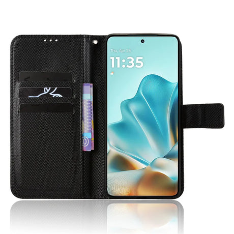 Black flip-style phone case with card slots and a magnetic clasp, holding a smartphone with an illuminated screen.