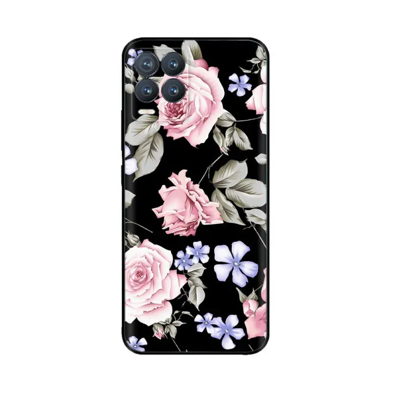 a black phone case with pink roses and butterflies