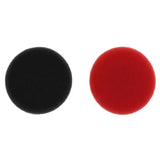 two black and red buttons on a white background