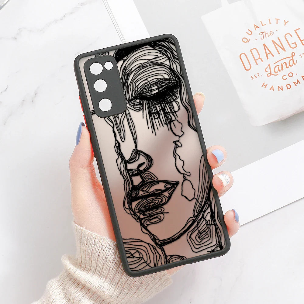 Black-framed samsung galaxy art design phone case with translucent pink gradient back and intricate black line art face