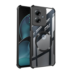 Black-framed smartphone with protective case.