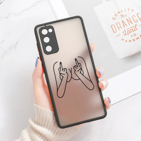 Black-framed translucent samsung galaxy phone case with minimalist black line art of two hands making middle finger gestures on back