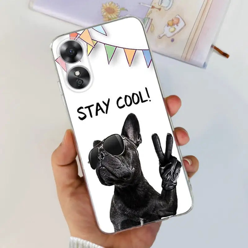 a black french bulldog dog phone case with the words stay cool