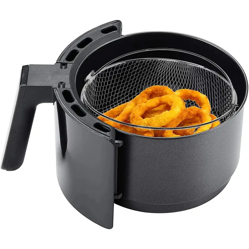 a black fryer with a basket full of fried food