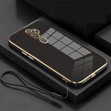 Back view of black glass phone case for oppo a9 with gloss gold plating edge and matching wrist strap