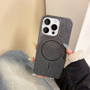 Black glitter wireless charge phone case for iphone with circular magnetic charging pad and vertical line detail back view