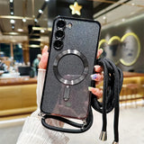Black glittery smartphone case with a circular magnetic ring and triple camera cutout.