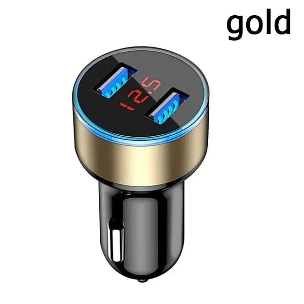 a black and gold car charger with a blue led