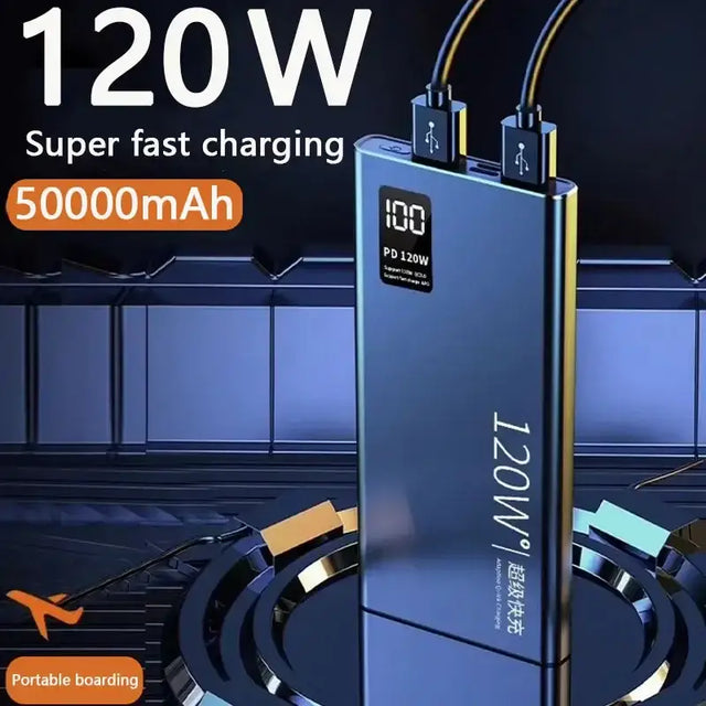 a black and gold charging device with the text, 12w super fast charging 50000mahh