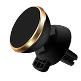 a black and gold car phone holder with a gold button