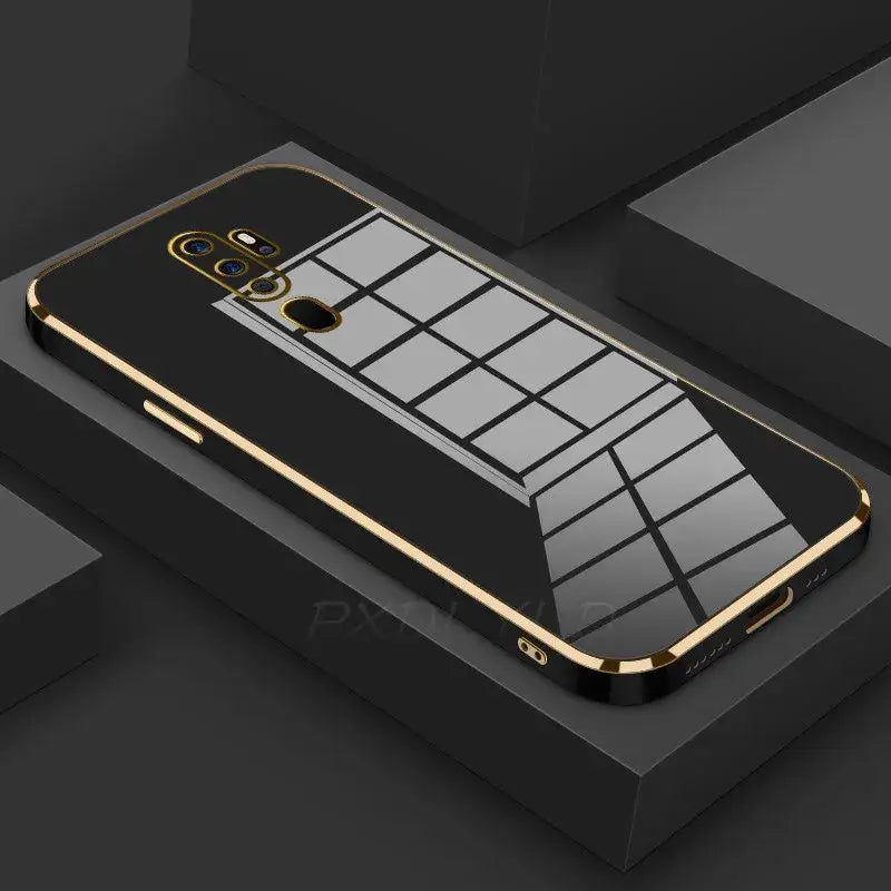 the back of a black and gold samsung phone case