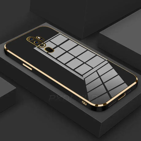 The back of a black and gold samsung phone case